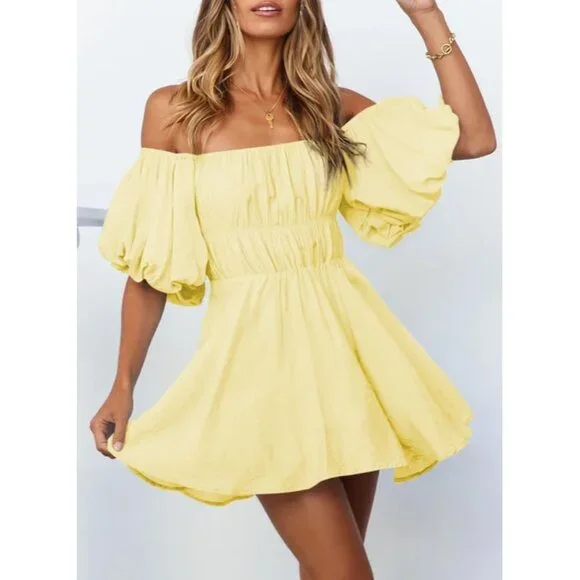 Womens Off The Shoulder Summer Dresses 2024 Short Lantern Sleeve Ruffle Elastic